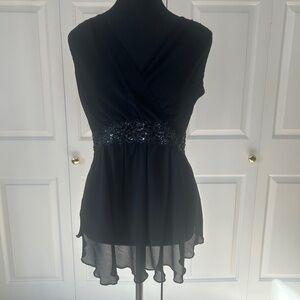 Cha Cha Vente Black Crepe Top with Sequin Band Around Waist Size M